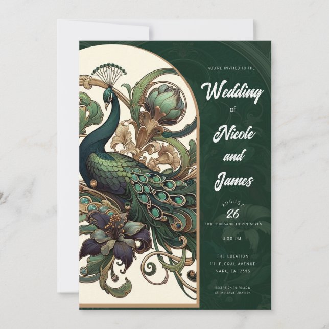 Invitación Boda de pavo real de la esmeralda verde Art Nouvea (Anverso)