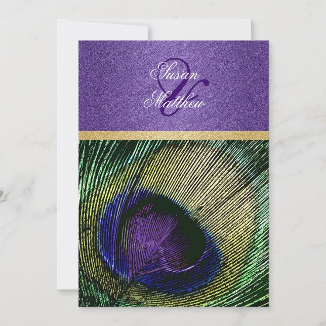 Invitación boda de pavo real de oro verde púrpura (Anverso)