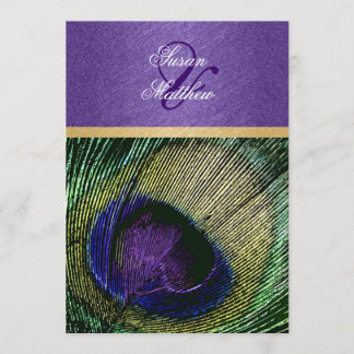 Invitación boda de pavo real de oro verde púrpura