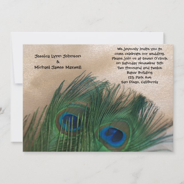 Invitación Boda de pavo real dorado (Anverso)