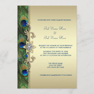 Invitación Boda de pavo real dorado verde esmeralda real indi