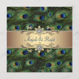 Invitación Boda de pavo real dorado verde esmeralda real indi