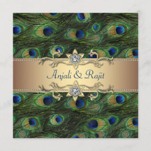 Invitación Boda de pavo real dorado verde esmeralda real indi
