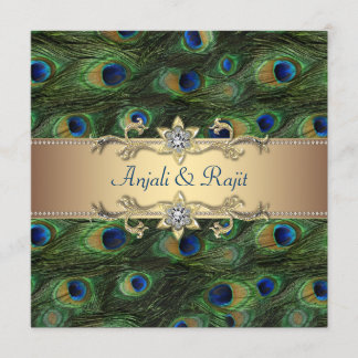 Invitación Boda de pavo real dorado verde esmeralda real indi