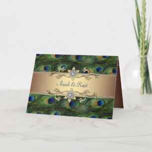 Invitación Boda de pavo real dorado verde esmeralda real indi