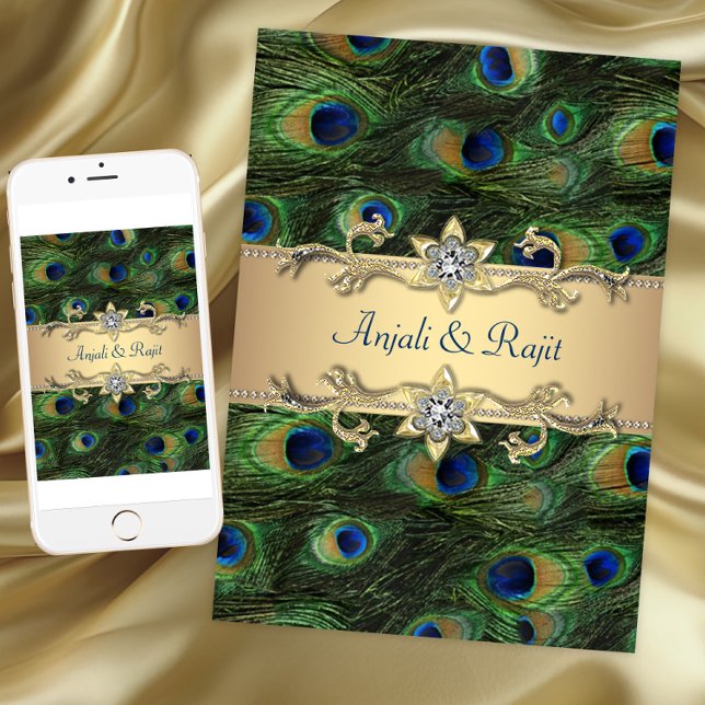 Invitación boda de pavo real elegante verde esmeralda 5 horas (Emerald Green Elegant Peacock Wedding invitation. Instant download and printed invitations available)