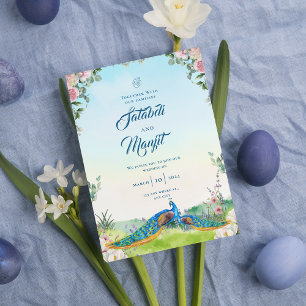 Invitación Boda de pavo real floral acuarela azul india