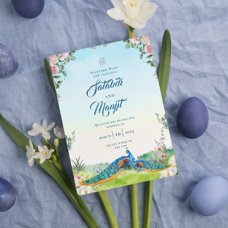Invitación Boda de pavo real floral acuarela azul india