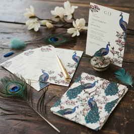 Invitación Boda de pavo real floral de marfil elegante