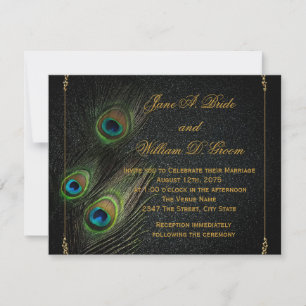 Invitación Boda de Pavo Real Negro y Dorado