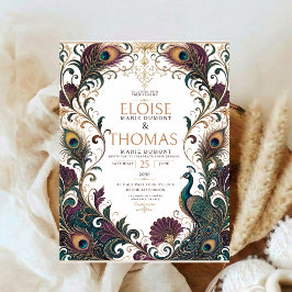 Invitación Boda de Pavo Real Nouveau Elegante Pluma de Pavo R