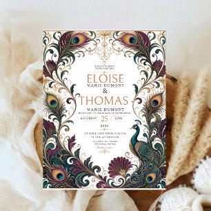 Invitación Boda de Pavo Real Nouveau Elegante Pluma de Pavo R