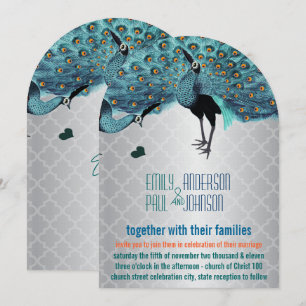 Invitación Boda de pavo real plateado de mosaico y coral marr
