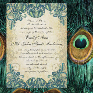 Invitación Boda de pavo real sin pavo real azul dorado verde