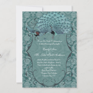 Invitación Boda de pavo real verde azulado de Damasco azul