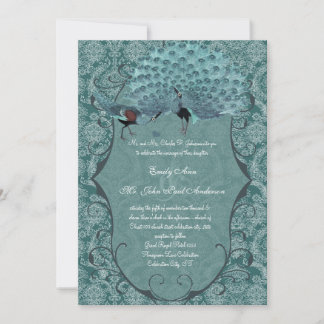 Invitación Boda de pavo real verde azulado de Damasco azul