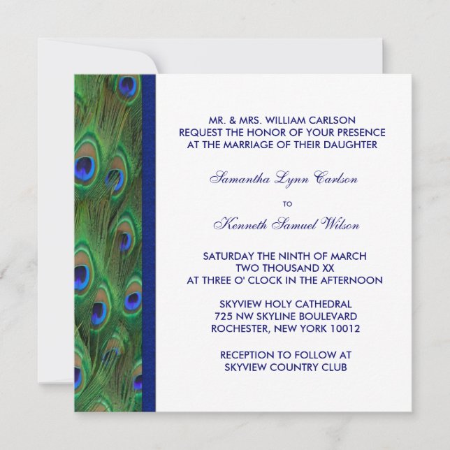 Invitación Boda de pavo real verde esmeralda azul real (Anverso)
