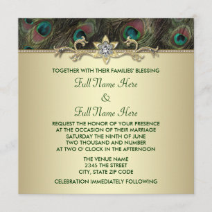 Invitación Boda de pavo real verde esmeralda dorado de otoño