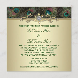 Invitación Boda de pavo real verde esmeralda dorado de otoño