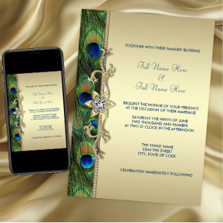 Invitación Boda de pavo real verde esmeralda y dorado