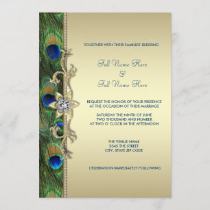 Invitación Boda de pavo real verde esmeralda y dorado