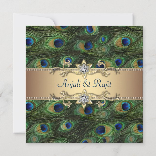 Invitación Boda de pavos reales indios con oro verde esmerald (Anverso)