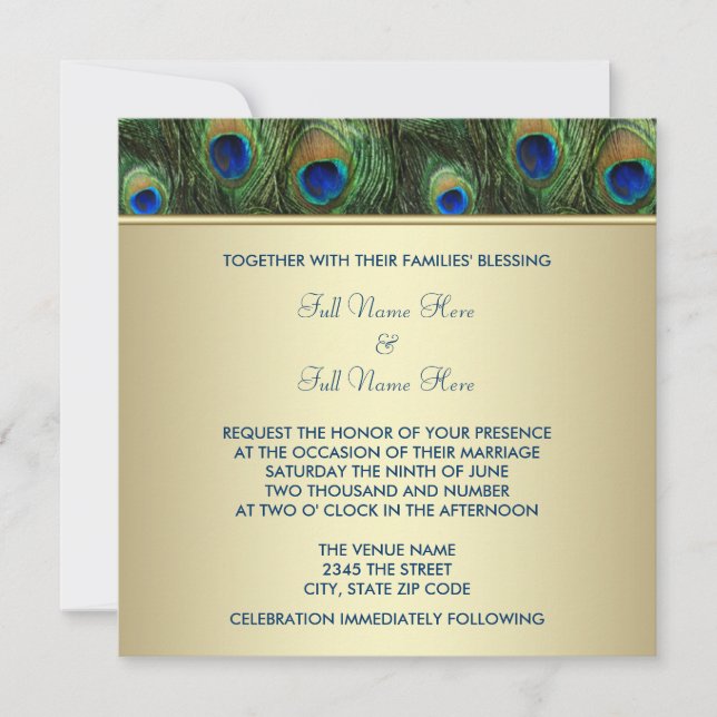 Invitación Boda de pavos reales indios con oro verde esmerald (Anverso)