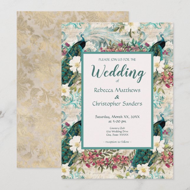 Invitación Boda de pavos reales y flores Verde azuladas, marf (Anverso / Reverso)
