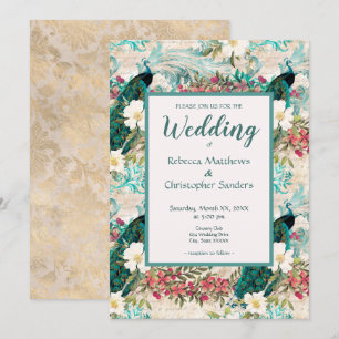 Invitación Boda de pavos reales y flores Verde azuladas, marf
