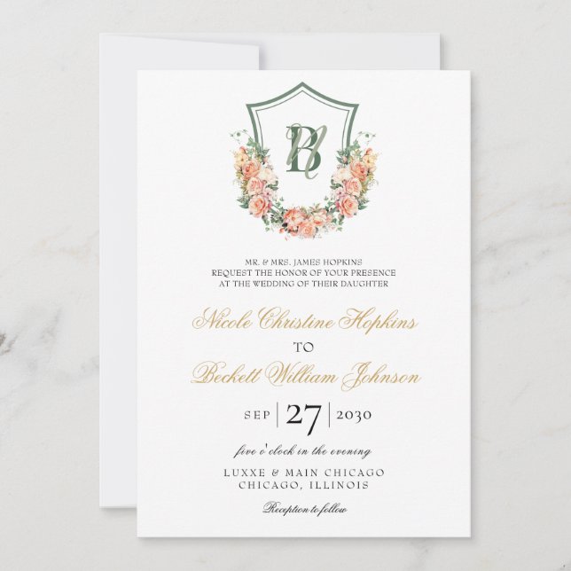 Invitación Boda de Peach Floral Escudo (Anverso)