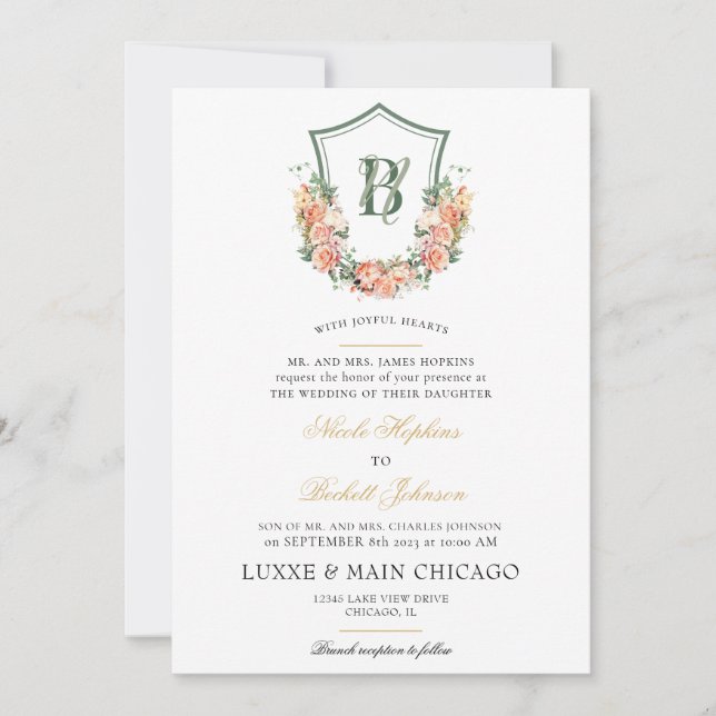 Invitación Boda de Peach Floral Escudo (Anverso)