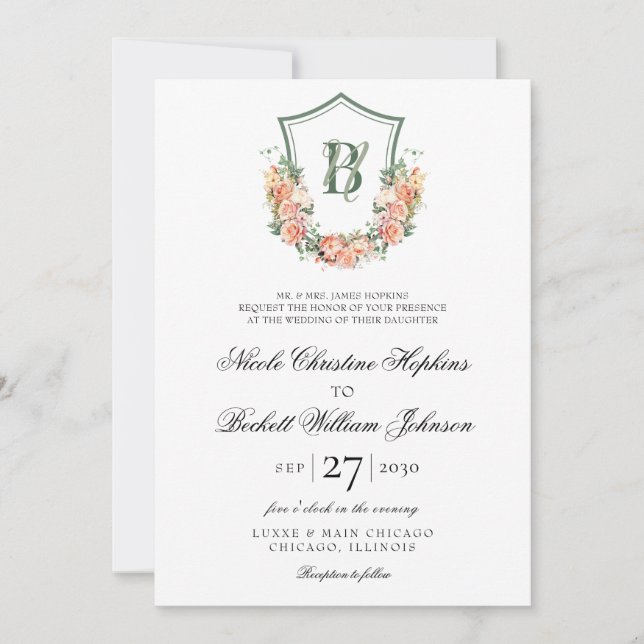 Invitación Boda de Peach Floral Escudo (Anverso)