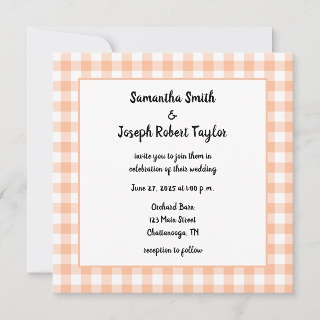 Invitación Boda de Peach Gingham Country (Anverso)