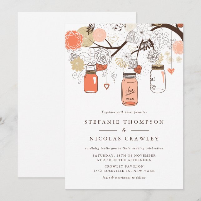 Invitación Boda de Peach Naranja Hanging Mason Jars (Anverso / Reverso)
