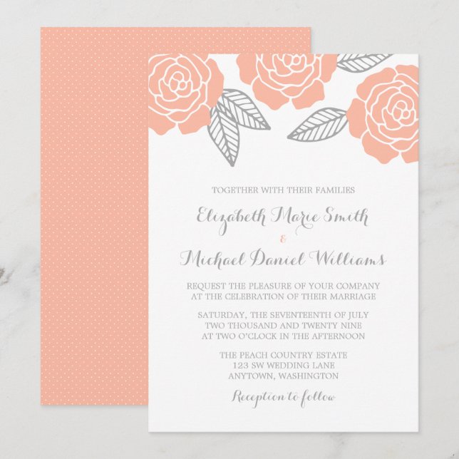 Invitación Boda de Peach y Rosa Gris Modernos (Anverso / Reverso)