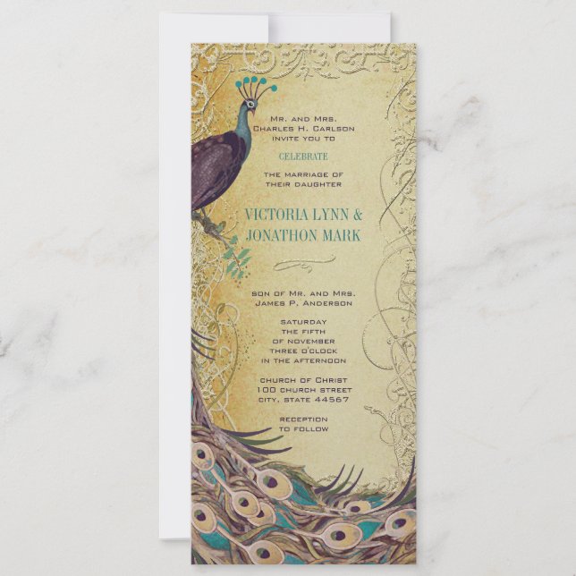 Invitación Boda de Peacock Art Nouveau Gold Aqua (Anverso)