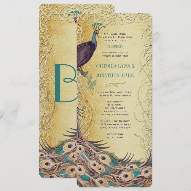 Invitación Boda de Peacock Art Nouveau Gold Aqua (Anverso / Reverso)