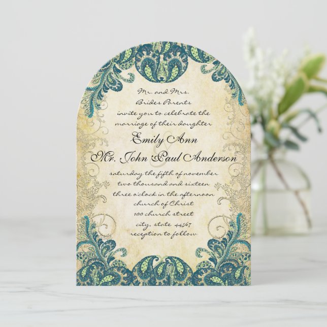 Invitación Boda de Peacock de la Lime dorada verde verde azul (Anverso de pie)