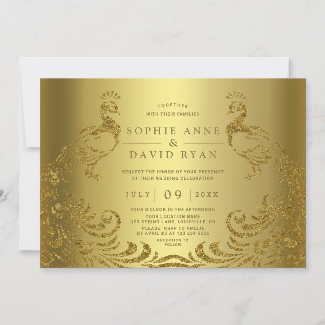 Invitación Boda de Peacock de Luxury Gold Moderno (Anverso)