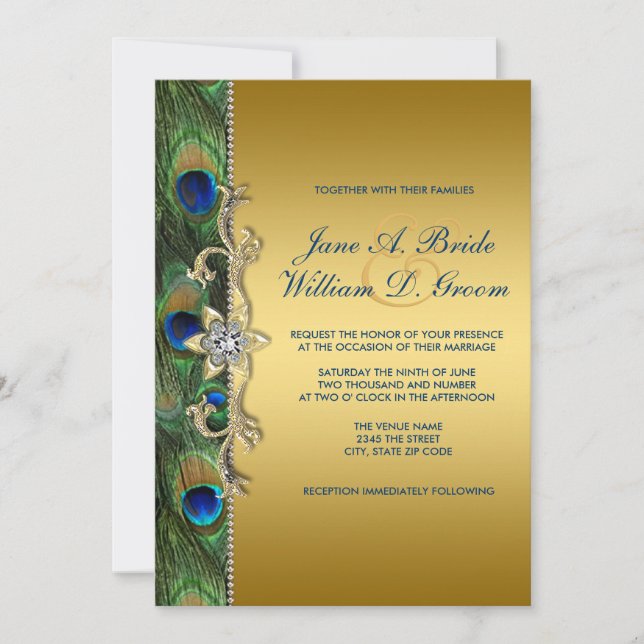 Invitación Boda de Peacock Ecológico Esmeralda y Oro (Anverso)