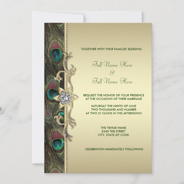 Invitación Boda de Peacock Ecológico Esmeralda y Oro (Anverso)