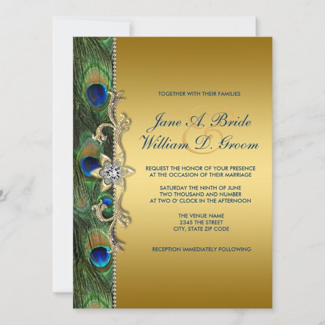 Invitación Boda de Peacock Ecológico Esmeralda y Oro (Anverso)