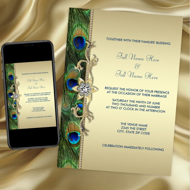 Invitación Boda de Peacock Ecológico Esmeralda y Oro (Peacock wedding invitation. Available for instant download and printed. Gold peacock wedding invite)