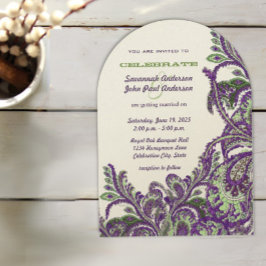 Invitación Boda de Peacock Paisley púrpura y verde