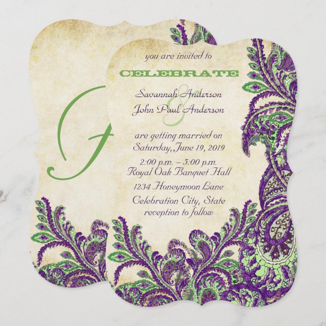 Invitación Boda de Peacock Paisley violeta y verde (Anverso / Reverso)