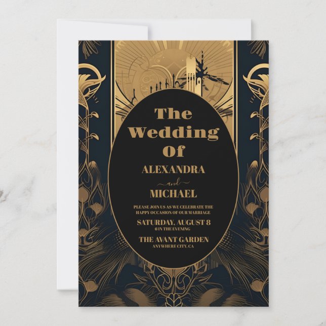 Invitación Boda de Peacocks Art Deco elegante fotográfico (Anverso)