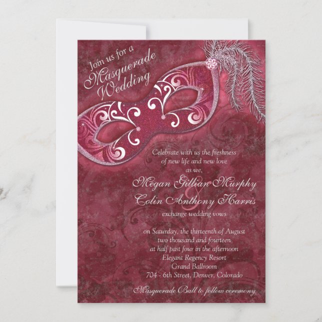 Invitación Boda de pelota de máscaras Ornate Burgundy Silver (Anverso)