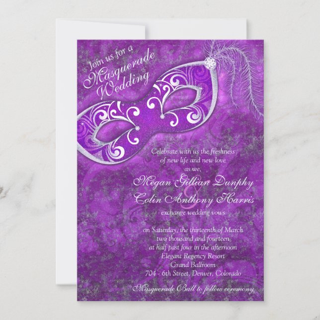 Invitación Boda de pelota de máscaras Ornate Purple Silver (Anverso)