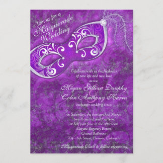 Invitación Boda de pelota de máscaras Ornate Purple Silver