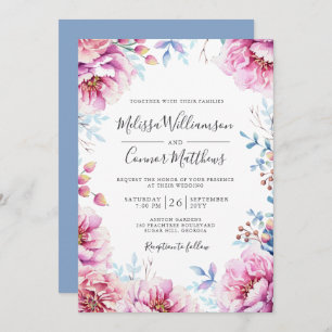 Invitación Boda de peonés rosados con color de agua